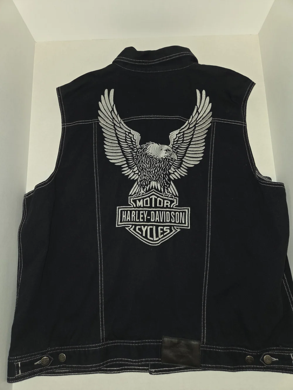 Harley-Davidson Black Denim Sleeveless Vest with White Stitching